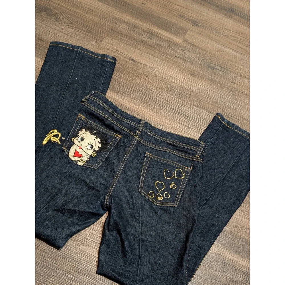 Southpole x Betty Boop Jeans Womens 9 Dark Wash Embroidered Pocket Flare Y2K